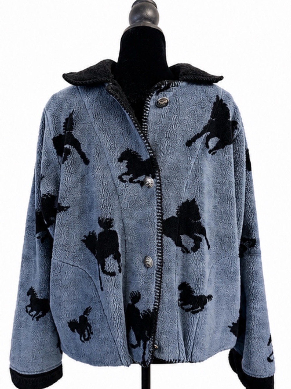 Blue Velvet Horse Motif Button Jacket